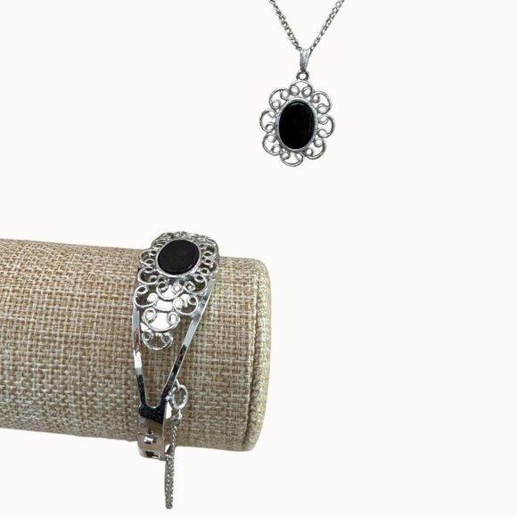 Silver-Tone Bracelet & Pendant Necklace Set With Black Oval Stones, Mourning - Picture 2 of 14